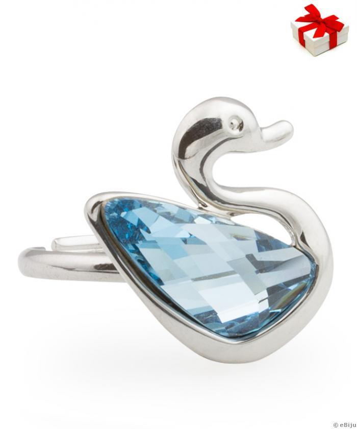 Inel argintiu lebădă cu element Swarovski aquamarine, mărime reglabilă