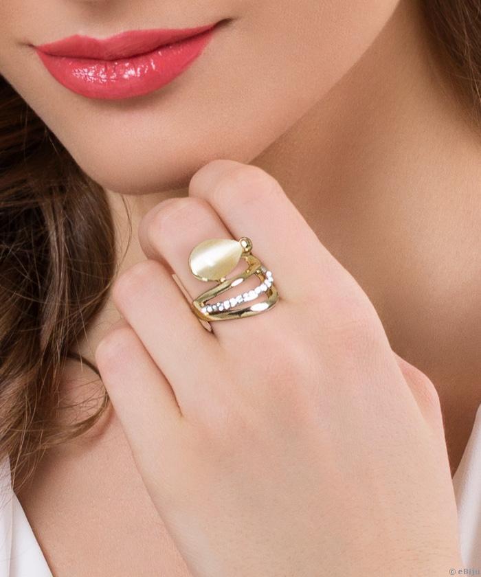 Inel auriu cu cristal şi piatră imitaţie ochi de pisică, 17 mm