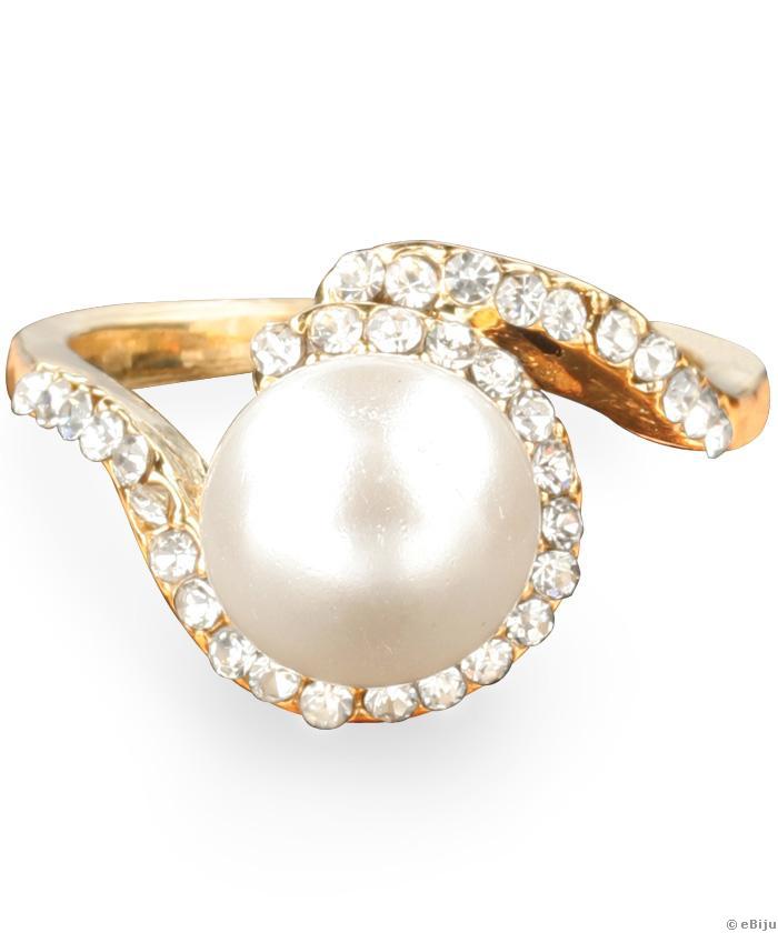 Inel auriu cu perlă albă și cristale
