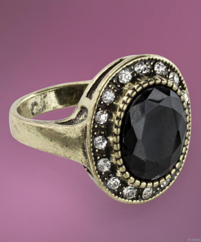 Inel cu cristal negru şi metal de culoarea bronzului, 17 mm