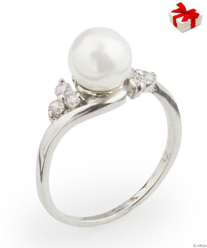 Inel cu perlă albă de cultură și elemente Swarovski