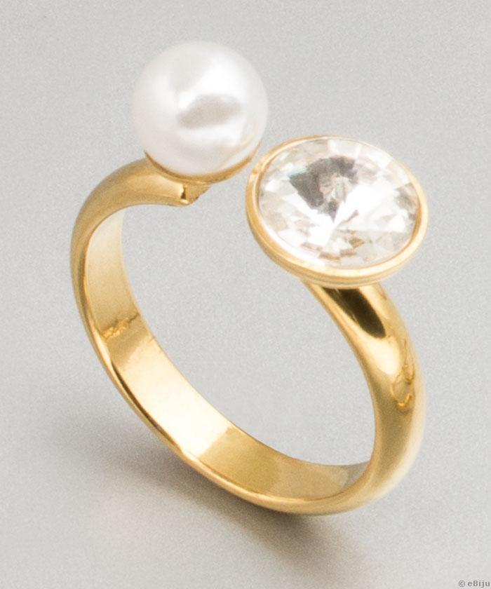 Inel deschis oţel inox auriu cu perlă şi cristal, 16 mm