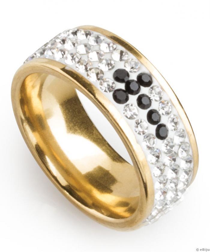 Inel din oţel inox auriu cu cristale şi cruce, 18 mm