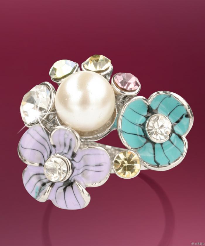 Inel flori cu perla de sticla si cristale multicolore (marime 18 mm)