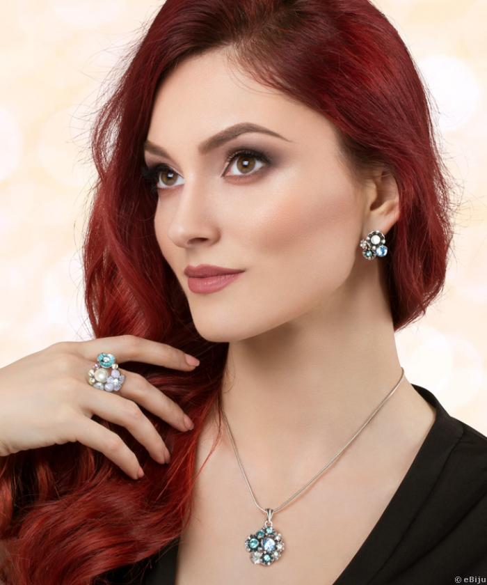 Inel flori cu perla de sticla si cristale multicolore (marime 18 mm)