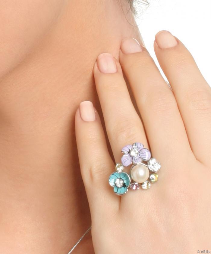 Inel flori cu perla de sticla si cristale multicolore (marime 18 mm)