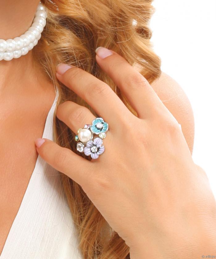 Inel flori cu perla de sticla si cristale multicolore (marime 18 mm)