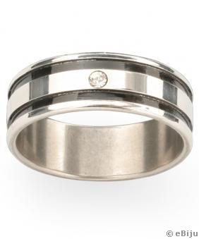Inel inox cu doua dungi negre si cristal alb, unisex