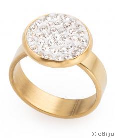 Inel oţel inox auriu bănuţ tip shamballa alb