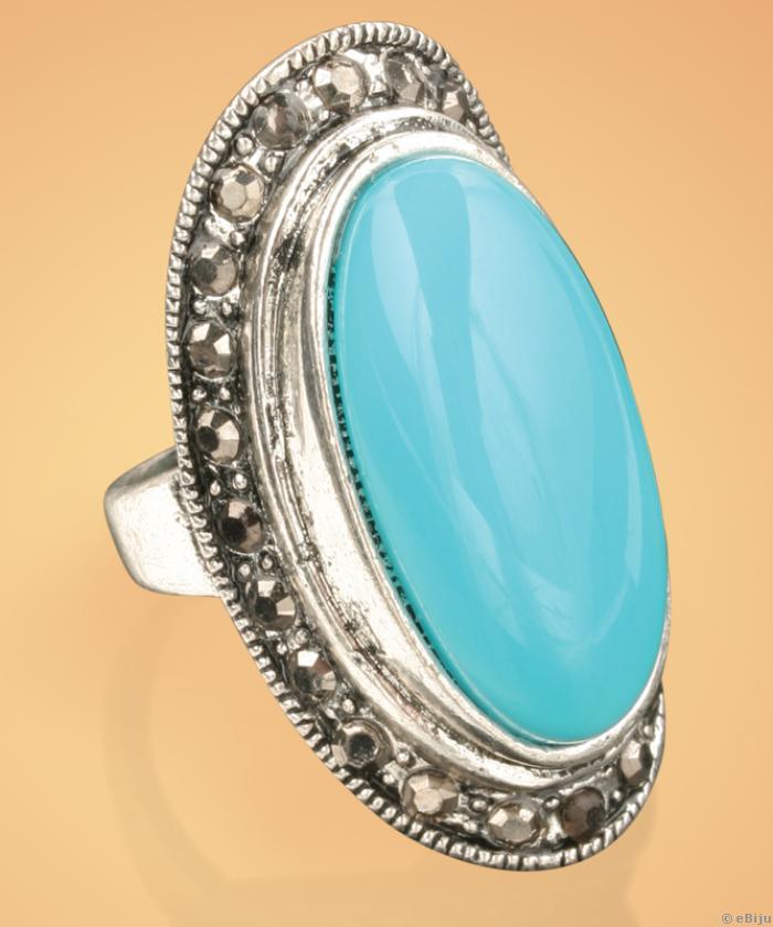 Inel oval albastru deschis, metal argintiu cu efect antic (17 cm)