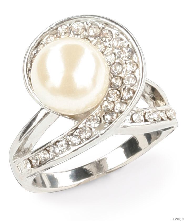 Inel perla de sticla crem cu cristale albe (17 mm)