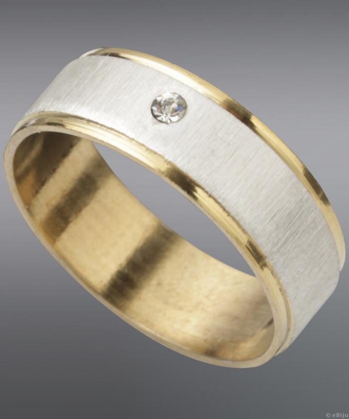 Inel unisex argintiu cu auriu din otel inox, cu cristal alb (19mm)