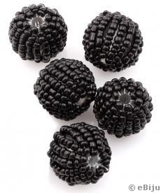 Kásagyöngyökkel bevont gyöngy, fekete, gömb forma, 1.8 cm