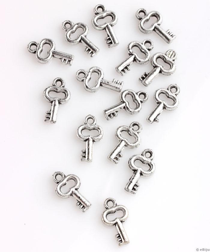 Kulcs függő dísz, antikolt ezüstszínű akril, 1 x 1.7 cm