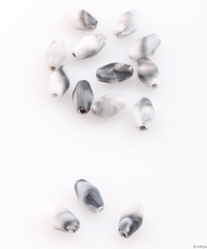 Mărgea acrilică, biconică, alungită, alb-gri, 0.5 x 0.9 cm