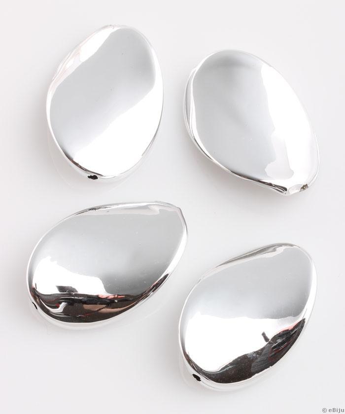 Mărgea acrilică, oval, ondulat, argintiu metalizat, 2.5 x 3.7 cm