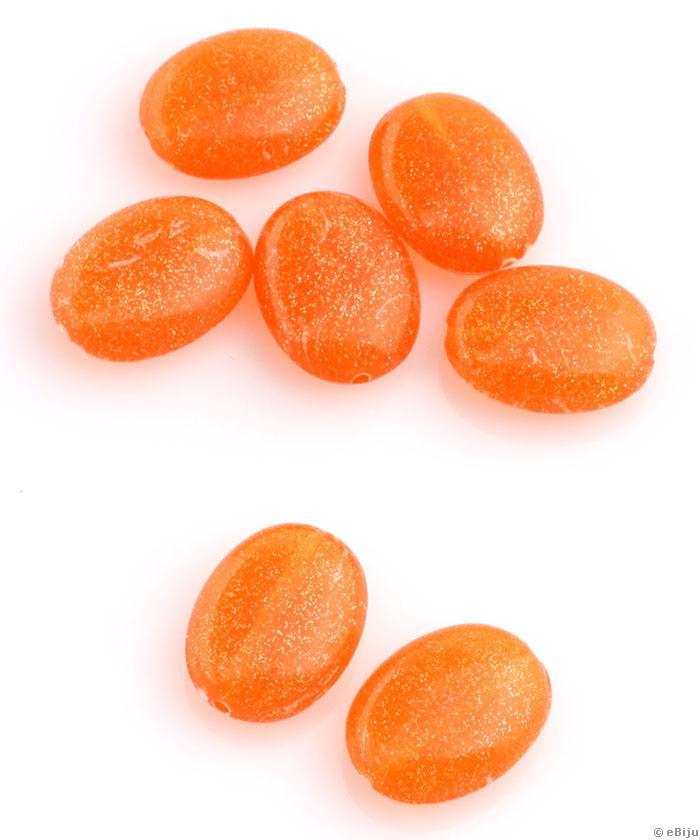 Mărgea acrilică, ovală, portocaliu cu sclipici, 1.6 x 2.1 cm