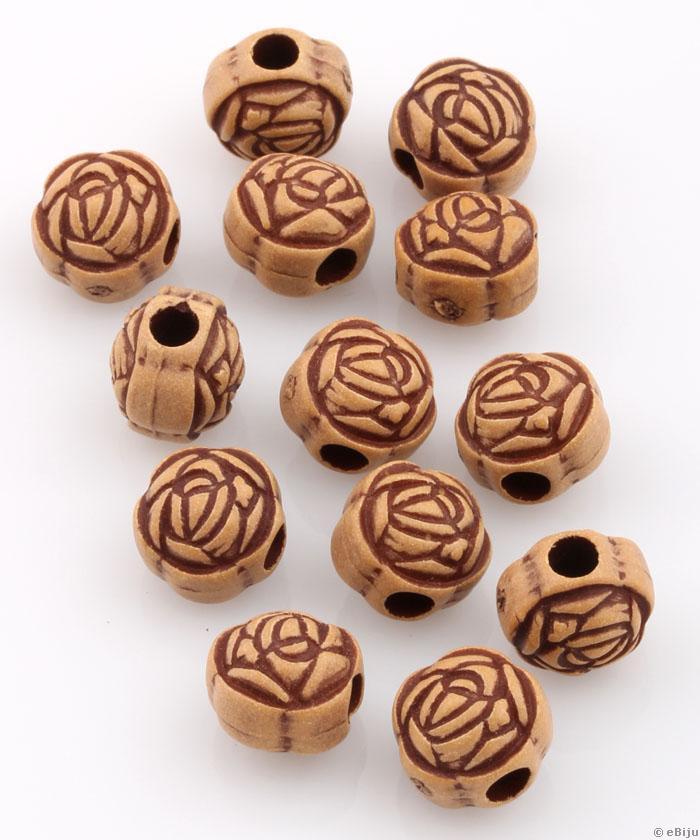 Mărgea acrilică, sferică, aplatizată, trandafir maro, imitaţie de lemn, 1.1 x 1 cm
