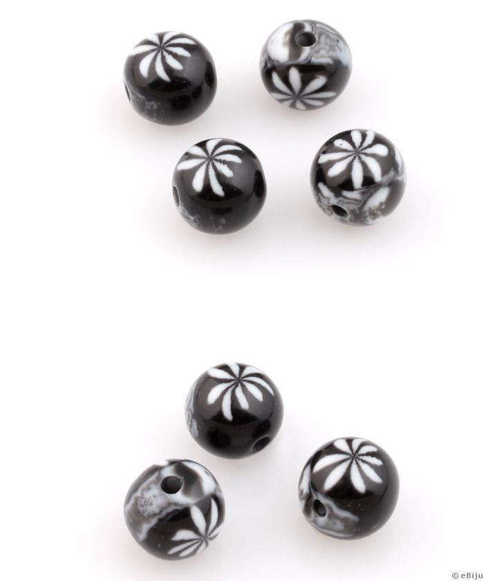 Mărgea din răşină, neagră cu alb, imitaţie millefiori, 1.1 cm