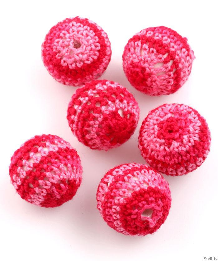Mărgea textilă, sferică, croşetată, roz-roşu, 2.1 cm