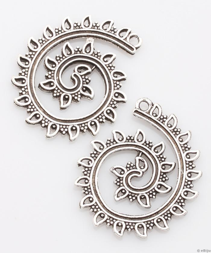 Pandantiv formă spirală cu frunze, metal, argintiu, 3.6 x 3 cm