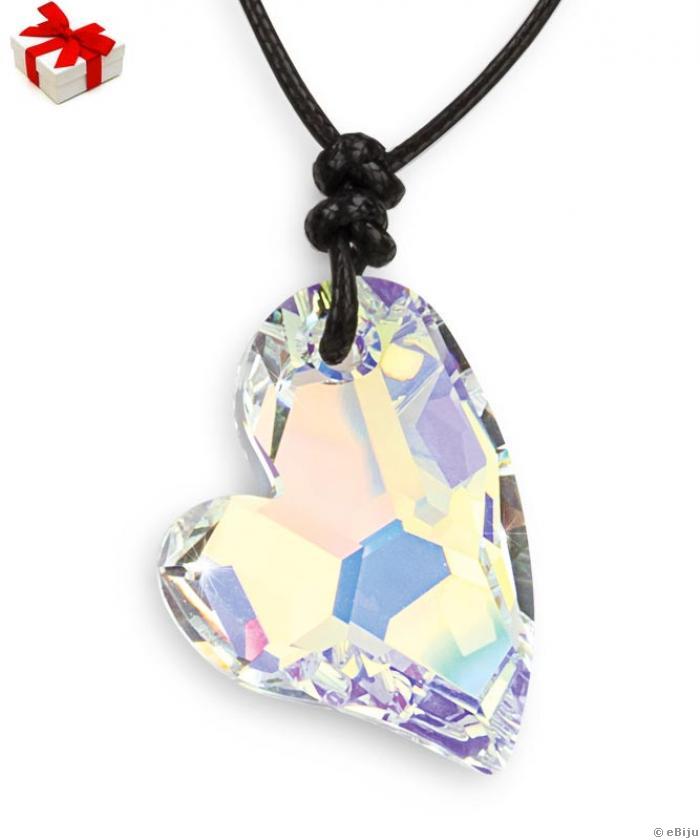 Pandantiv inimă, element Swarovski alb pe fir negru din textil