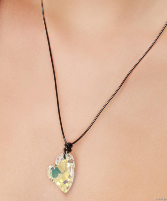 Pandantiv inimă, element Swarovski alb pe fir negru din textil