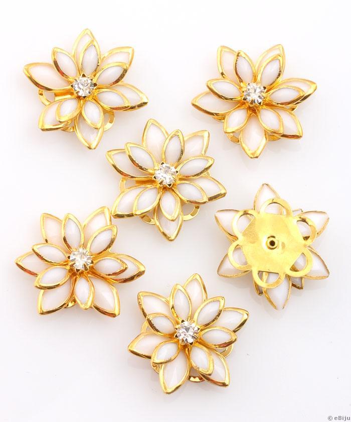 Pandantiv metalic auriu, floare cu cristale, faţetate, albe, 2.2 cm