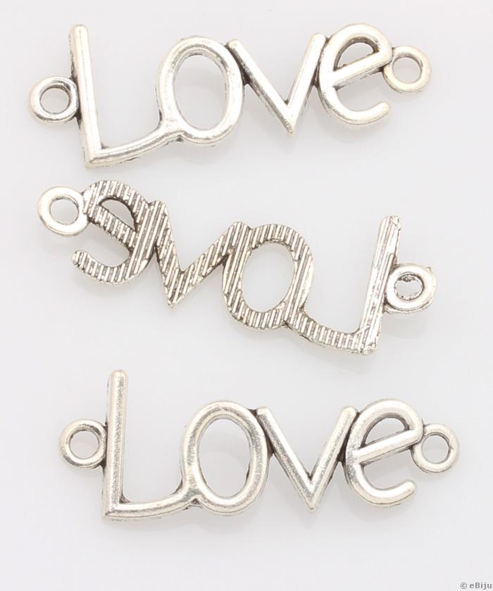 Pandantiv text Love, tip link, metal, argintiu, 4 x 1.6 cm