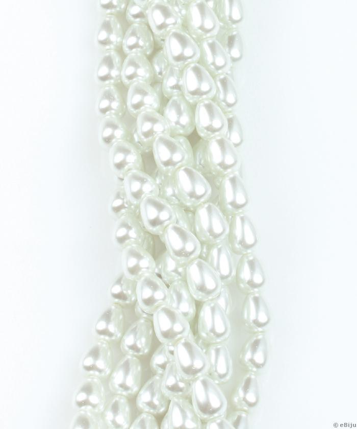 Perlă de sticlă albă, lacrimă, 1.1 cm