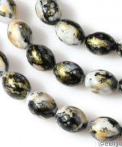 Perlă de sticlă, ovală, alb-negru cu auriu, 1.6 x 1.2 cm