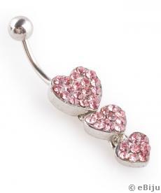 Piercing 3 szívecskével, rózsaszín kristályokkal