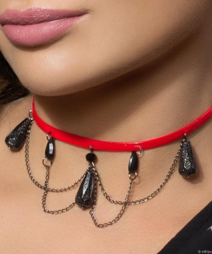 Piros choker, kristályokkal és lánccal