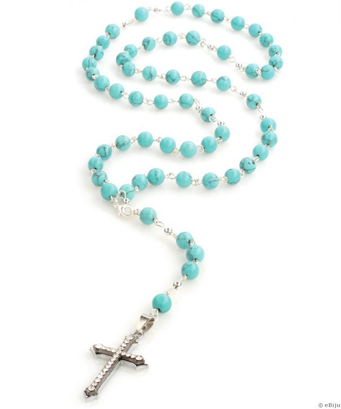 Rozar din piatra howlite
si cruce din metal si stras