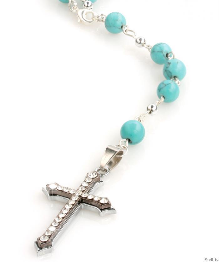 Rozar din piatra howlite
si cruce din metal si stras