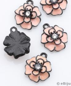Rózsaszín virág medál, fekete festett fém, 2.2 x 1.8 cm