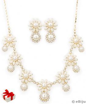 Set colier şi cercei floare din email, perle de sticlă şi elemente Swarovski albe 