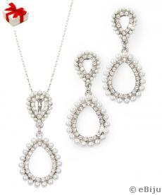 Set lanț cu pandantiv şi cercei din elemente Swarovski şi perle de sticlă, argintiu-alb