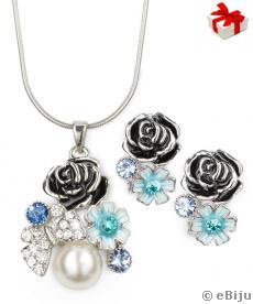 Set lanț cu pandantiv și cercei, flori cu email și fluturași din elemente Swarovski