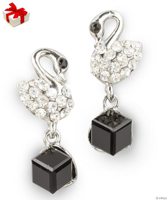 Set pandantiv şi cercei cu lebede argintii cu elemente Swarovski albe şi cuburi negre 