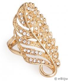 Stilizált toll formájú aranyszínű fém gyűrű, kristályokkal