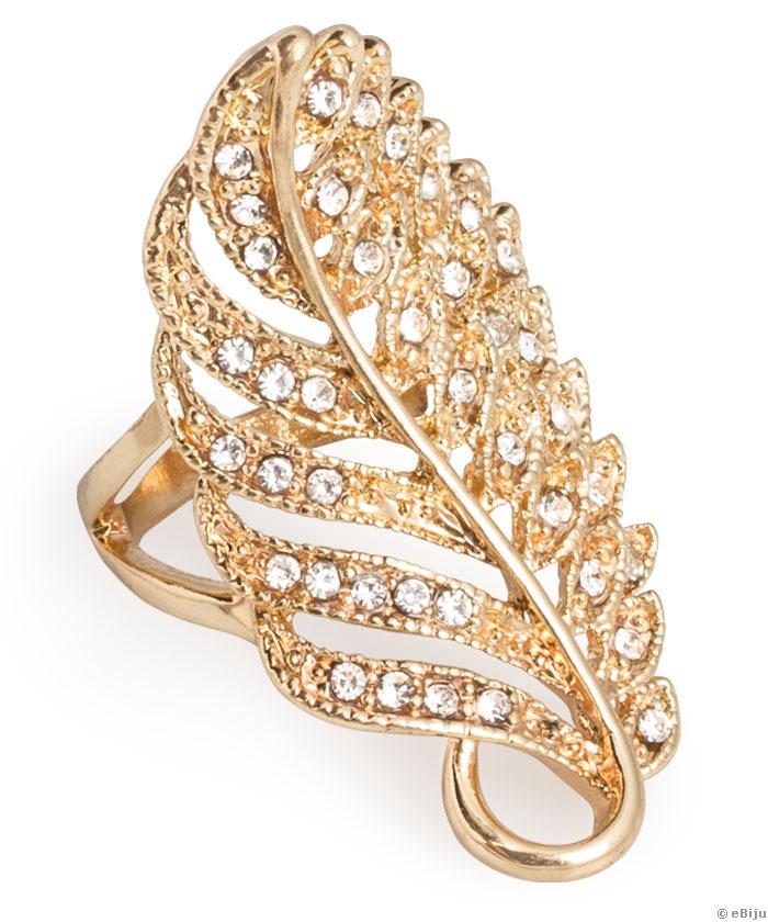 Stilizált toll formájú aranyszínű fém gyűrű, kristályokkal