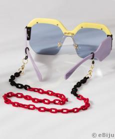 Szemüvegtartó lánc/nyaklánc, fekete és piros bársonnyal bevont láncszemekből